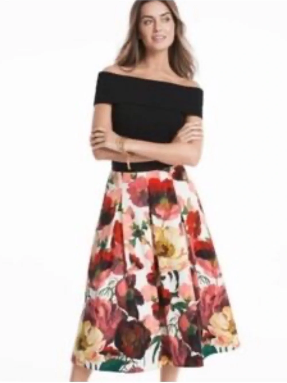 White House Black Market pleated poppy floral midi skirt
